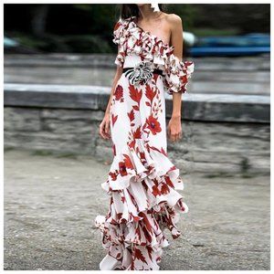Red & White One Shoulder Floral Ruffle Maxi Dress XS